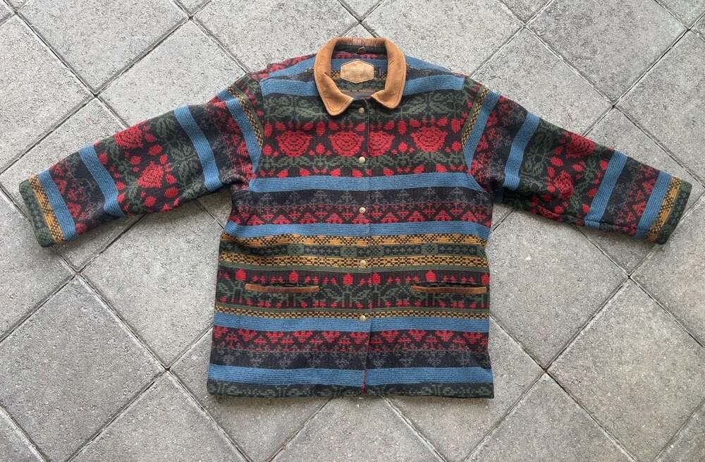 Vintage Woolrich Southwestern Floral Print Wool Blanket Jacket with Suede Collar